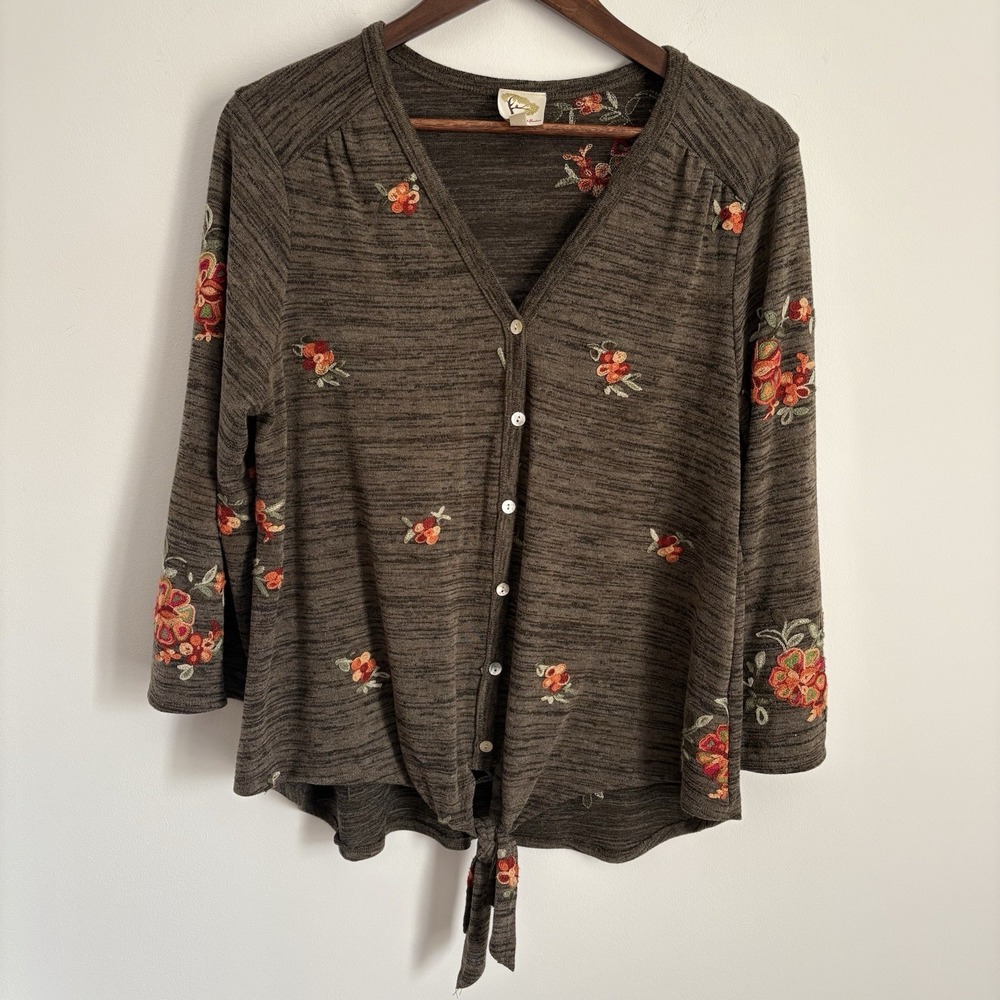 Fig and Flower Womens Floral Embroidered Sweater Cardigan Size M Heather Brown